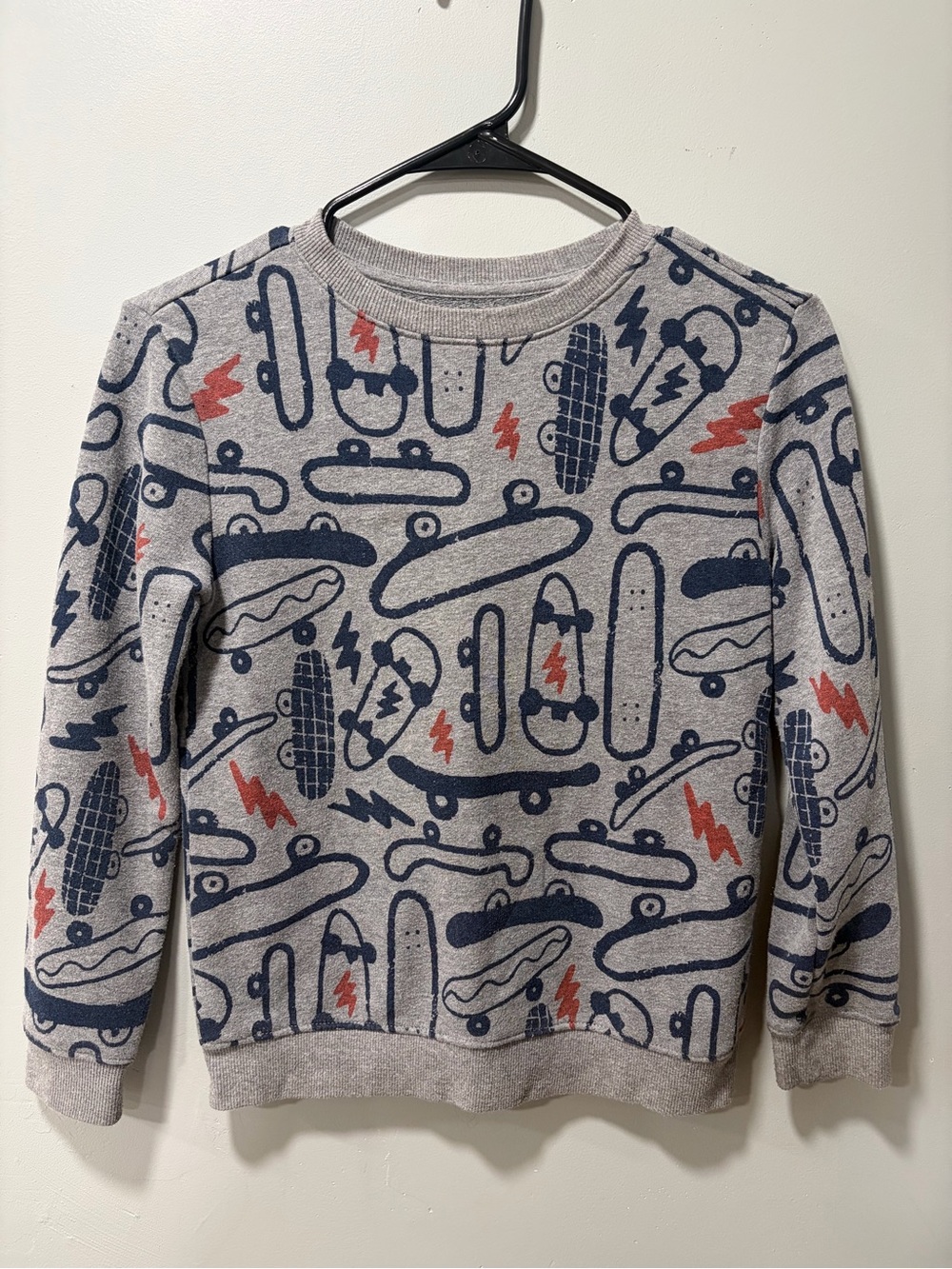Cat & Jack Men's Gray Crewneck Sweater with Navy and Red Skateboard Print